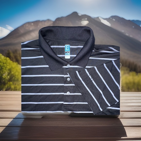 PGA Tour Other - PGA Tour Golf Polo Men's Large Black With White Stripes Performance Short Sleeve